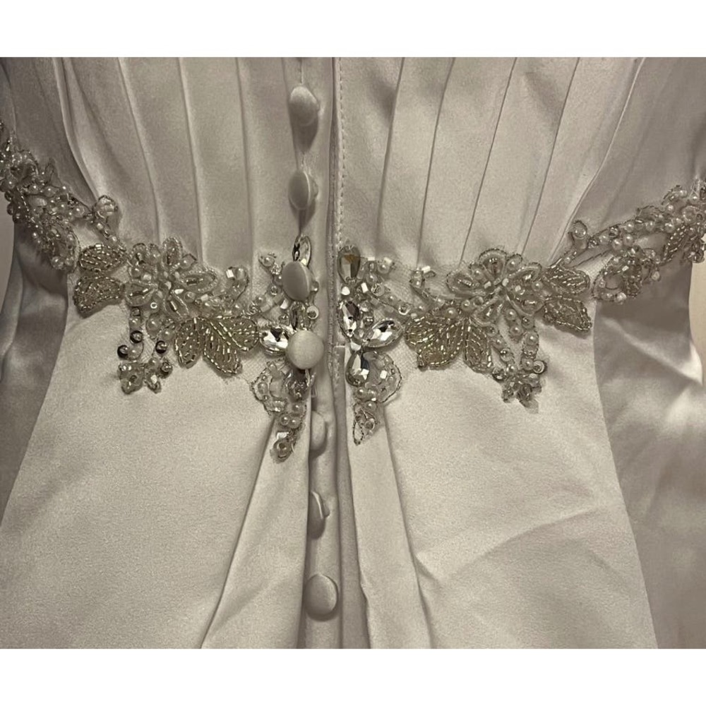 Satin Empire Waist A-Line Wedding Gown with Beaded Crystal Detail - Picture 6 of 11